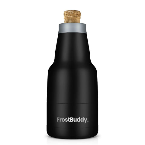 Frost Buddy front view showing black screw-on cooler and snug bottle fit benefits
