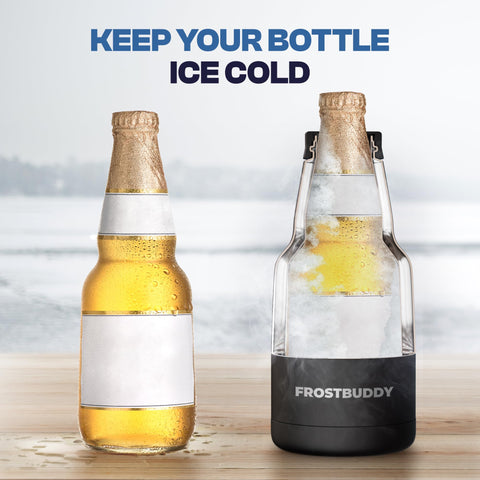 Frost Buddy in use at the beach keeping a 12 oz Mexican bottle cold and hands dry