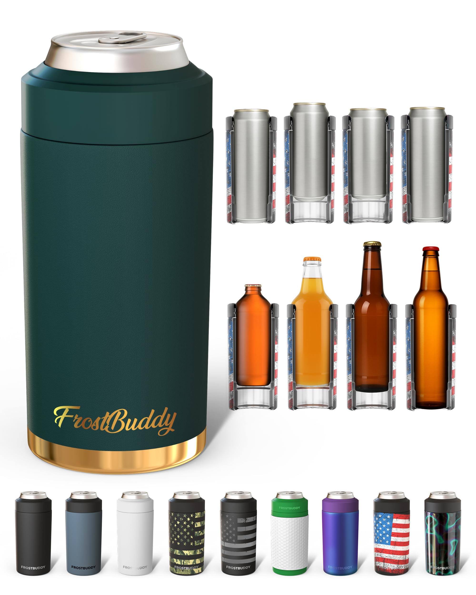 Frost Buddy emerald cooler front view showing sleek stainless benefit keeps drinks cold