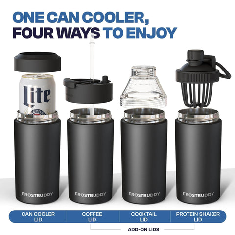Frost Buddy with optional leak-proof lid attached showing tumbler conversion benefit