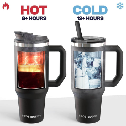 Frost Buddy filled with ice and straw highlighting long-lasting cold hold