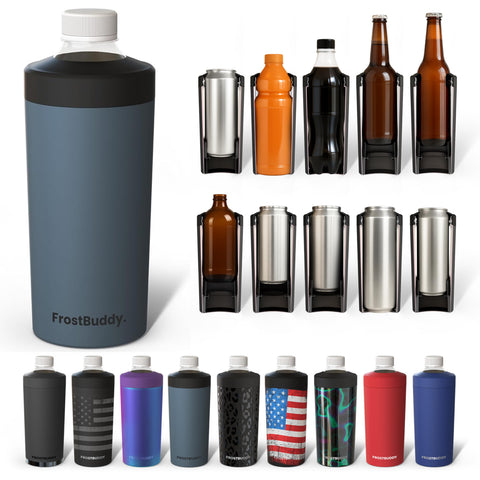 Frost Buddy front view showing sleek stainless-steel cooler and logo benefit durable portability