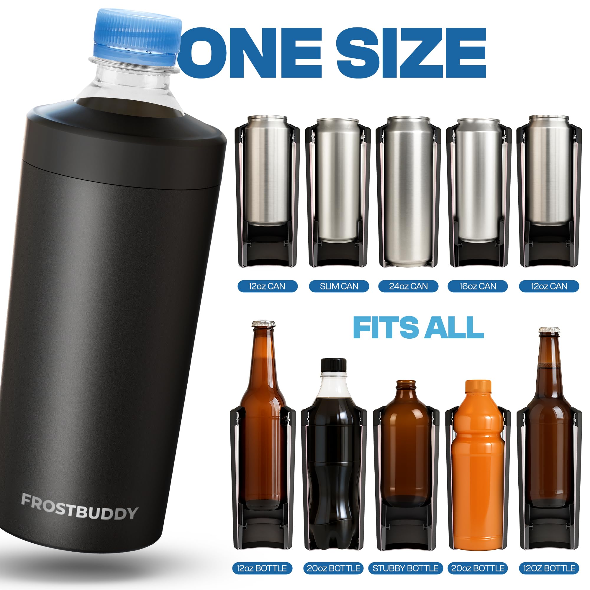 Frost Buddy holding a slim can illustrating secure fit and stability for slim drinks