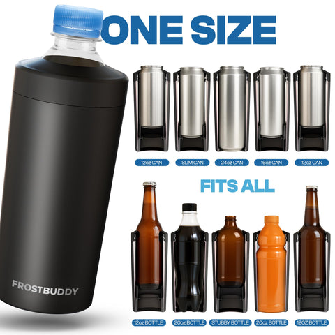 Frost Buddy holding a slim can illustrating secure fit and stability for slim drinks