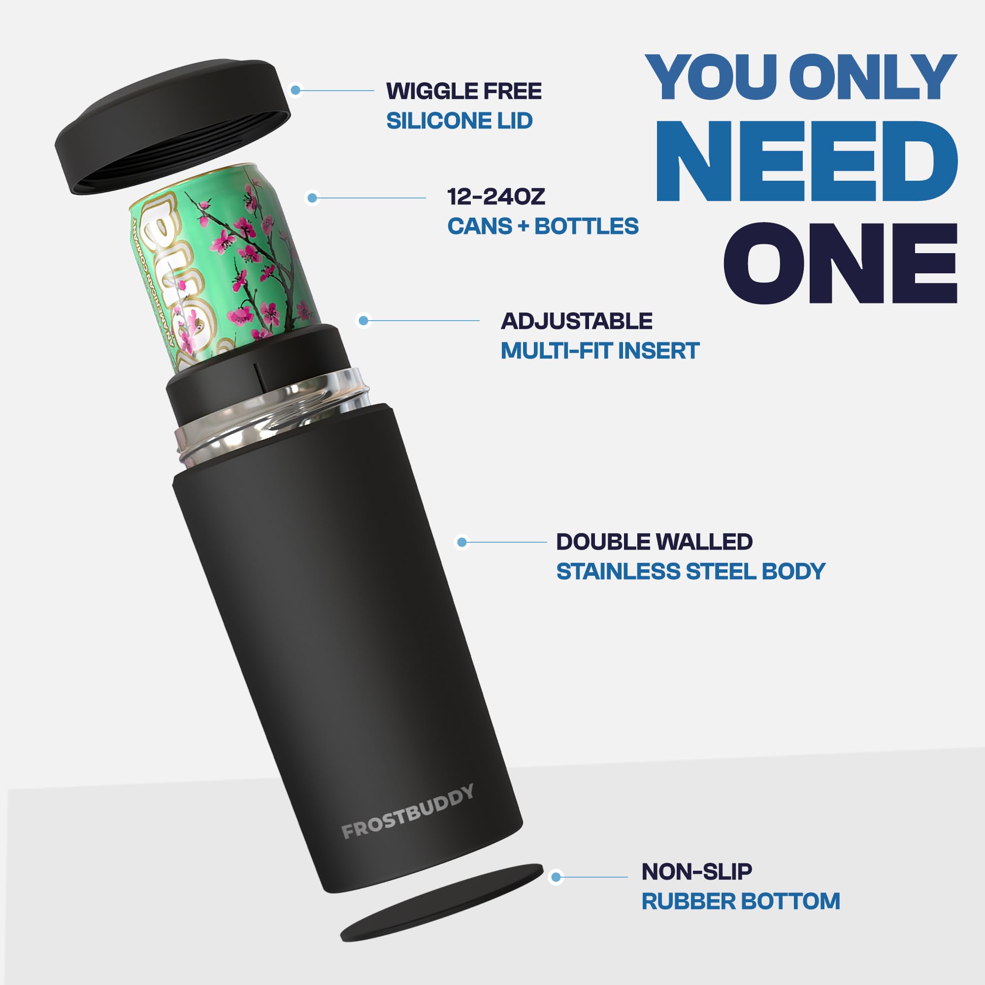 Frost Buddy top view with a slim can demonstrating versatile fit