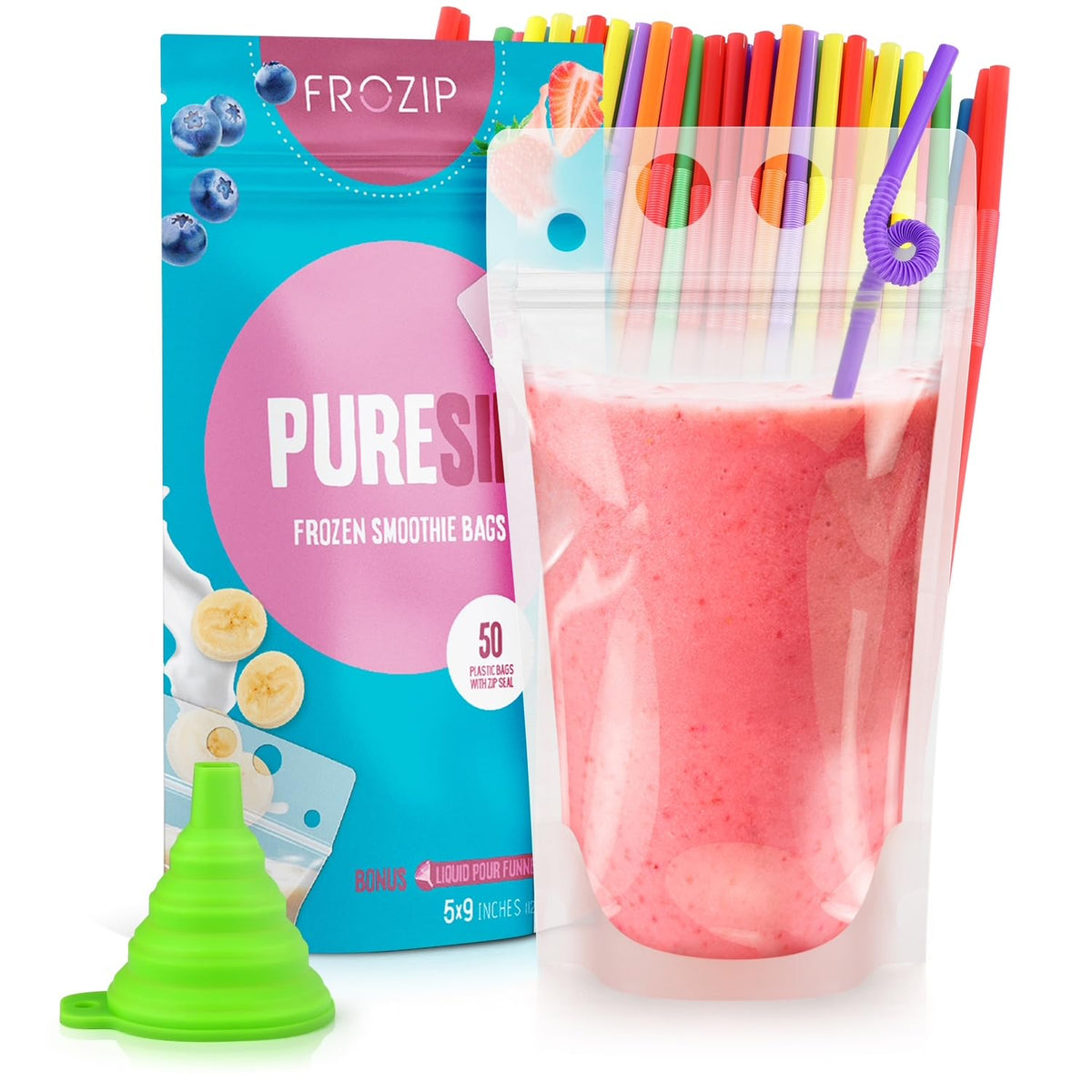 FROZIP front packaging showing 50 clear resealable drink pouches and straws, convenient storage