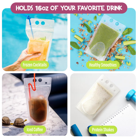 FROZIP pouch held next to a hand for size scale, comfortable 16oz handheld capacity
