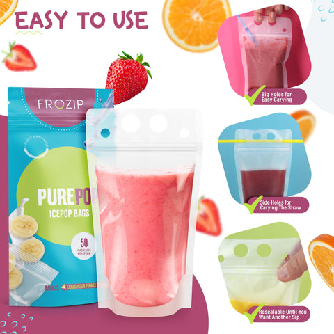 FROZIP pouch standing on its gusseted bottom, stable filling and spill prevention