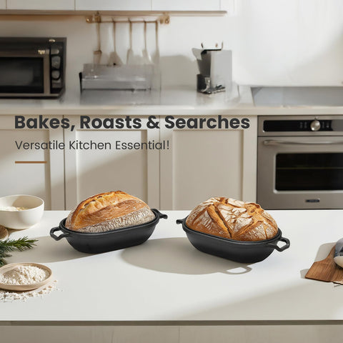 FRRLY loaf pan next to baked bread showing scale and generous loaf capacity