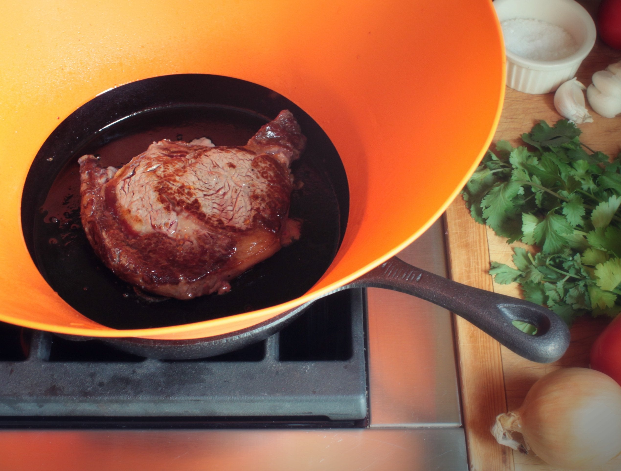 Frywall rolled into compact sleeve for easy, space-saving storage
