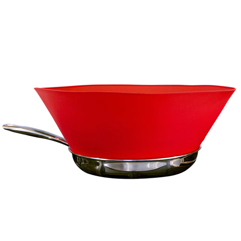 Frywall red placed inside 12" pan keeps stovetop cleaner