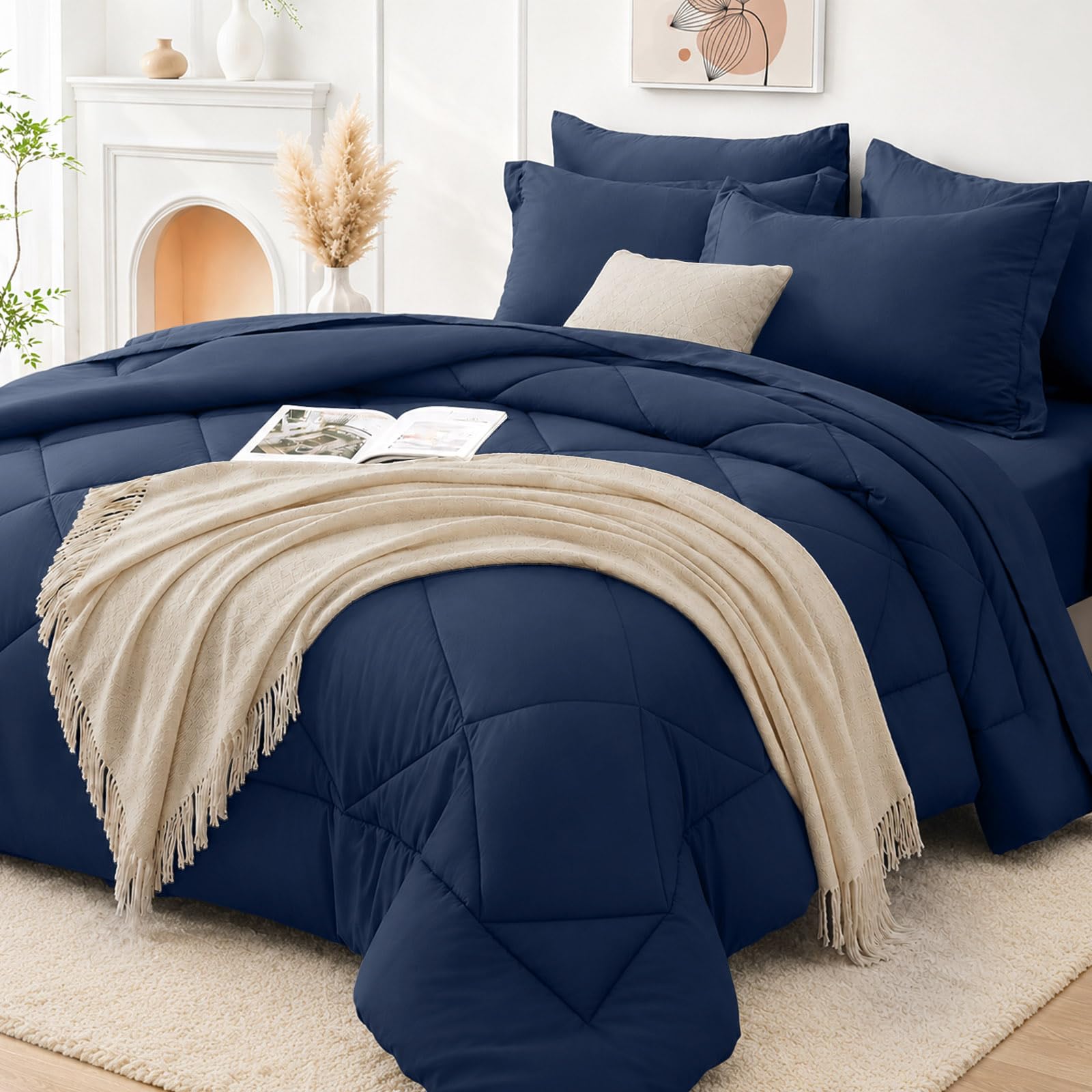 FUANNA front view of navy blue comforter set showing neat styling and easy bedroom refresh
