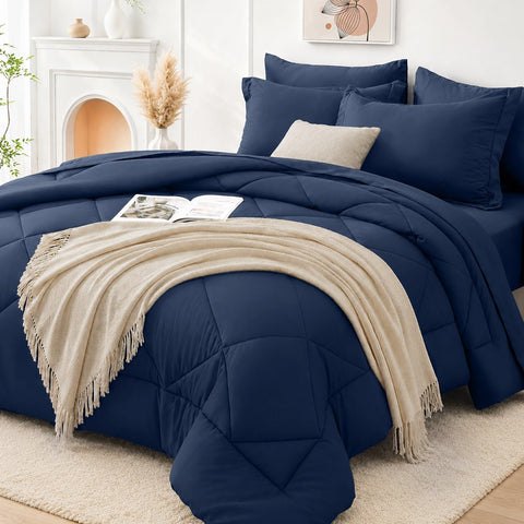 FUANNA front view of navy blue comforter set showing neat styling and easy bedroom refresh