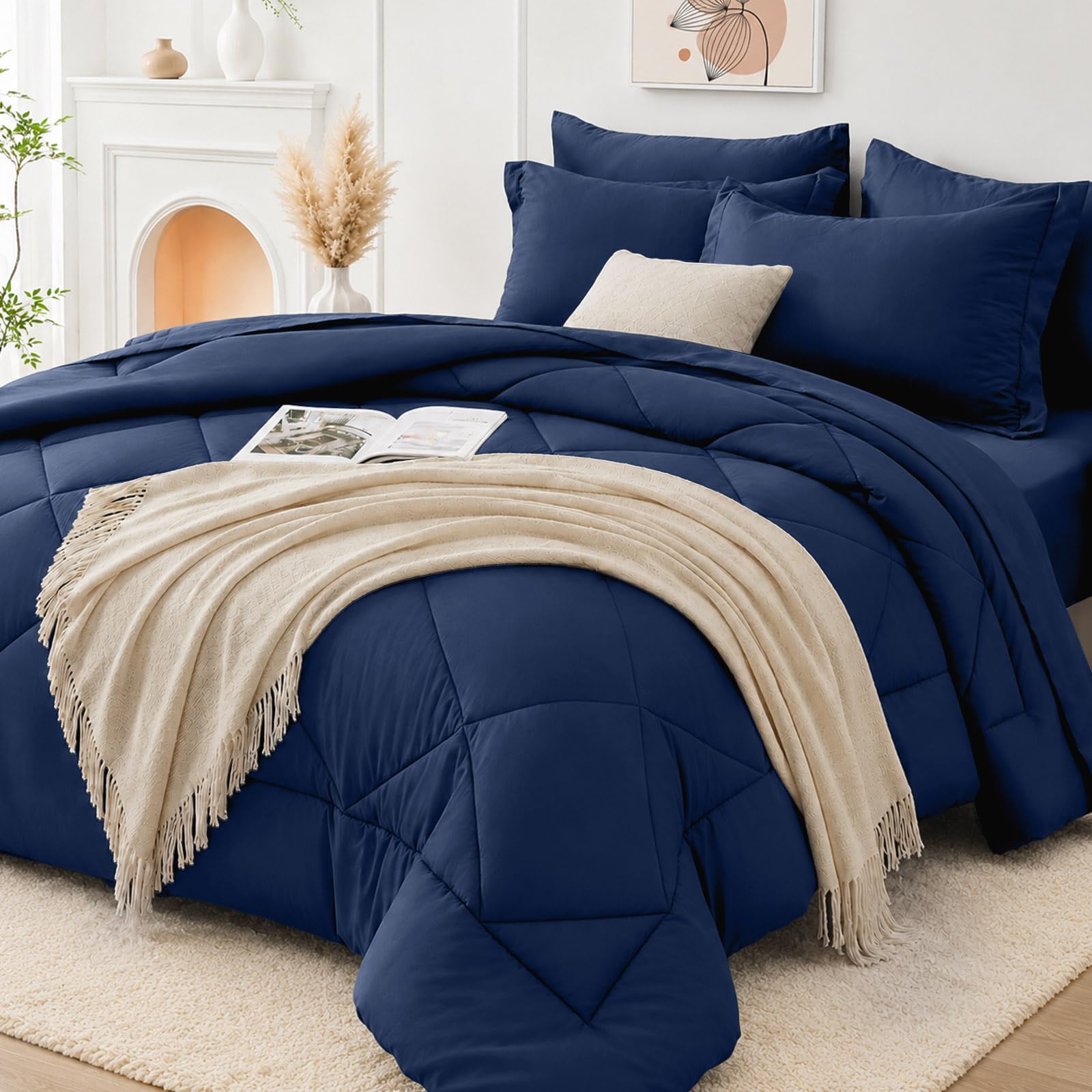 FUANNA queen comforter full bed front showing navy color and neat styling