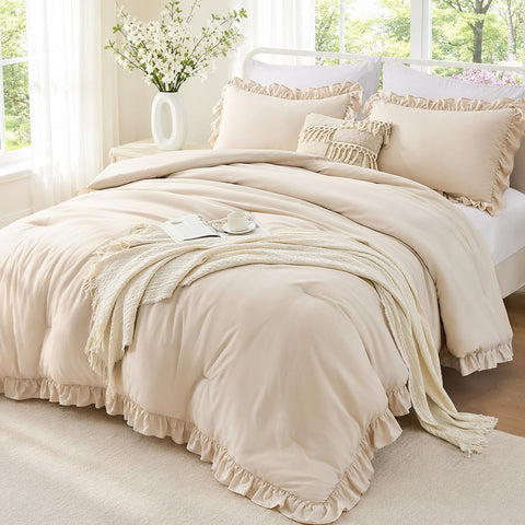 FUANNA front view of beige ruffle comforter showing elegant bedding style and visual warmth