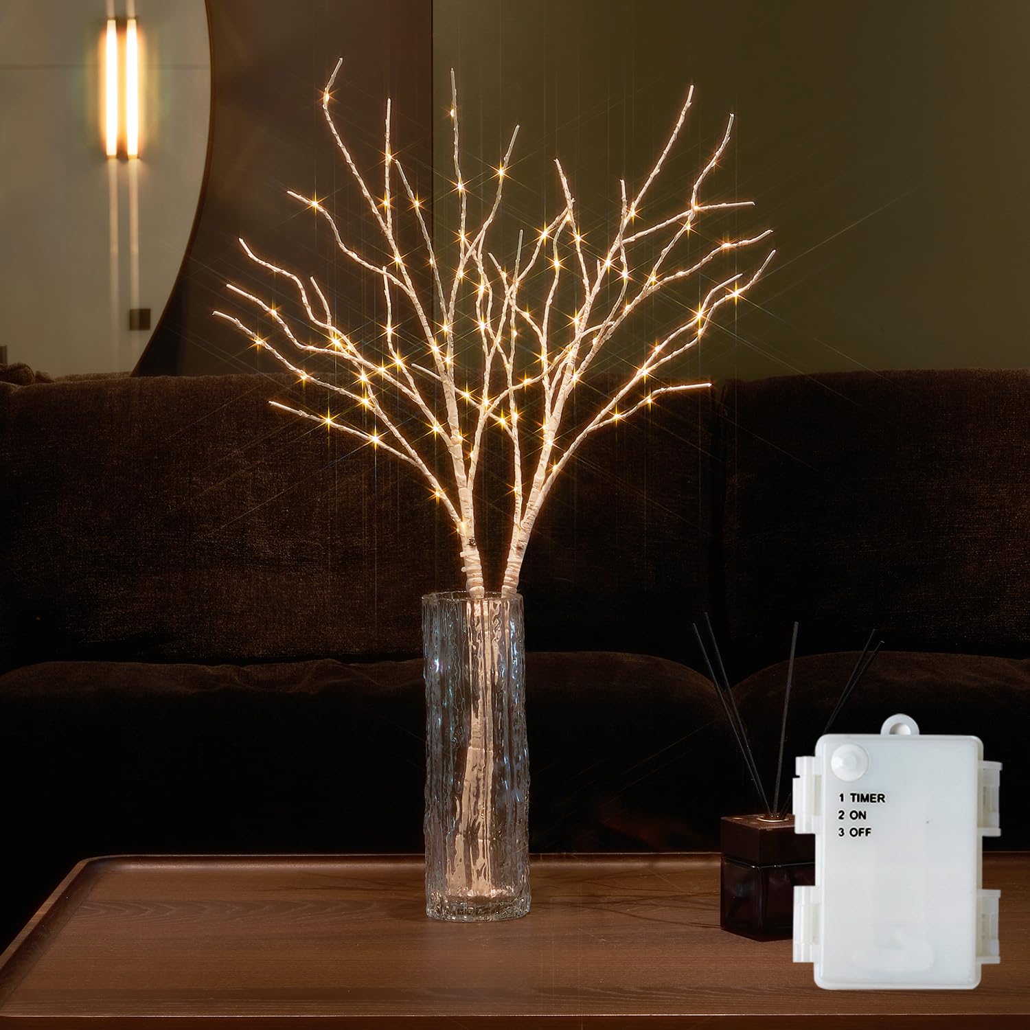 Fudios birch branch front view showing full 32-inch lit twigs and warm glow