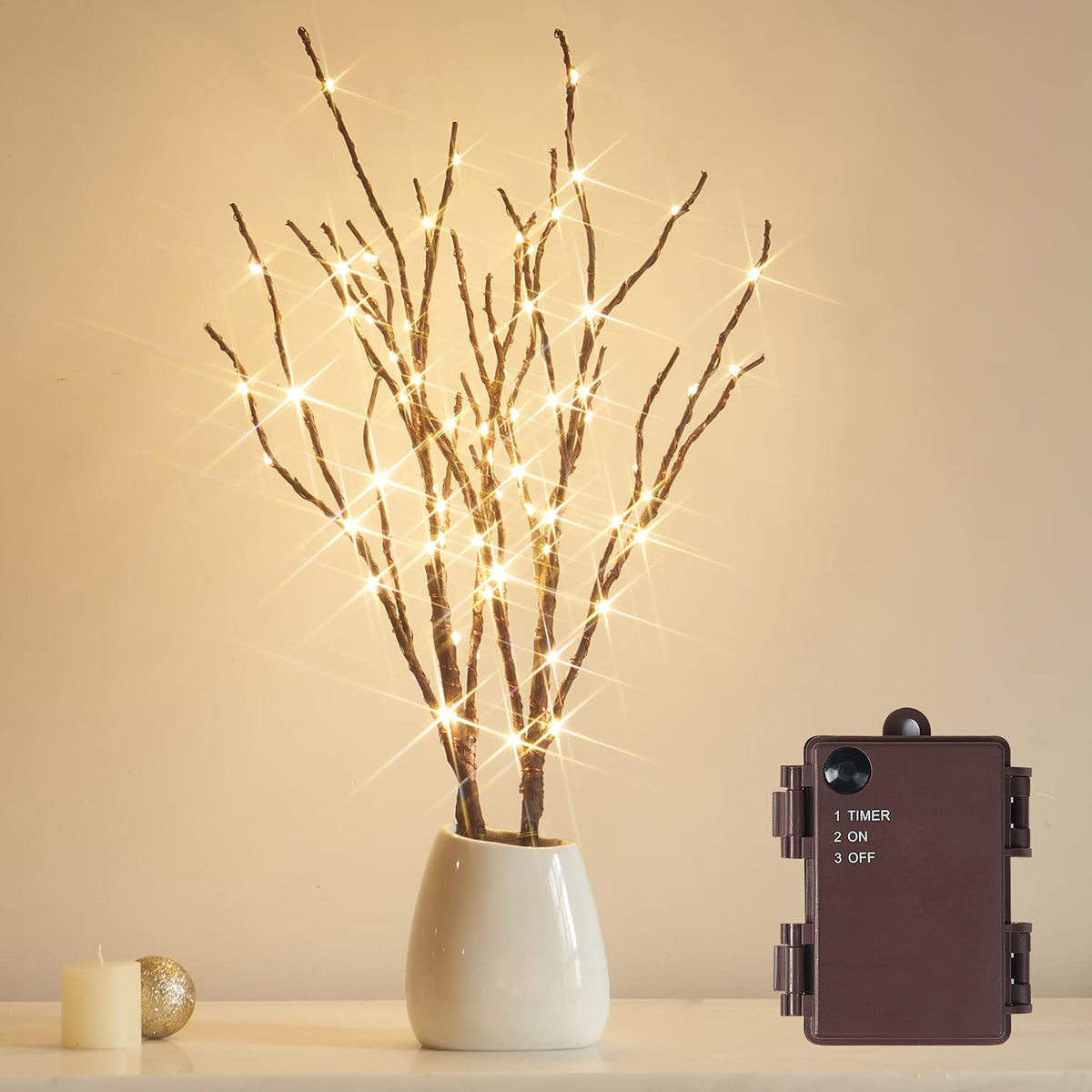 Fudios front view of 18-inch lit willow branch showing warm glow benefit
