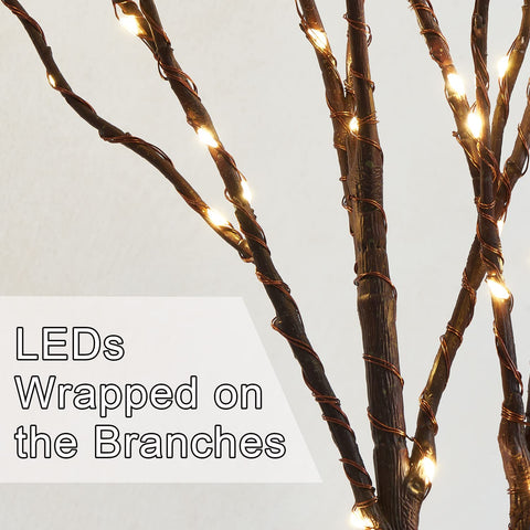 Fudios branch tip LED detail showing tiny warm-white lights and gentle glow benefit