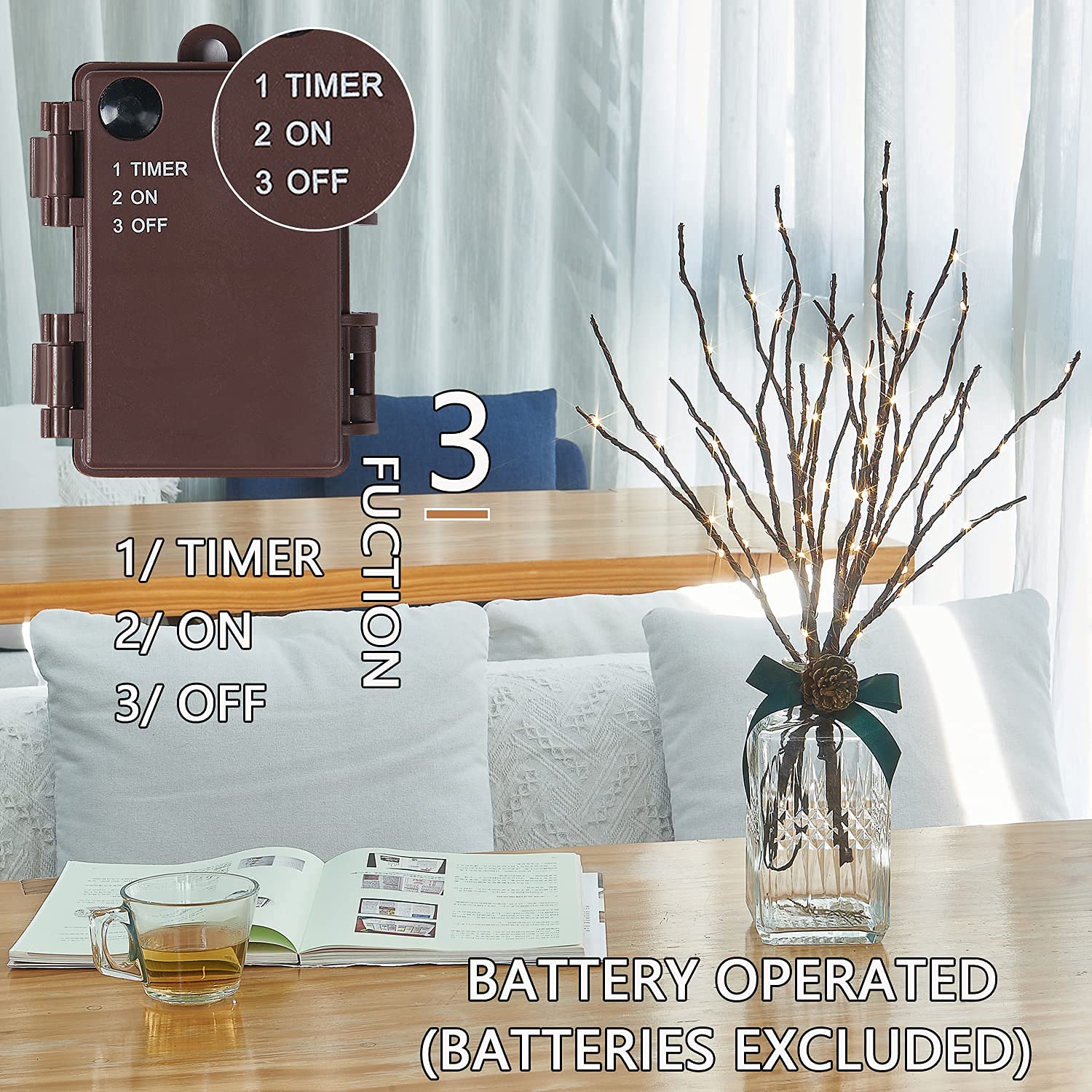 Fudios branches arranged in vase creating hidden battery convenience