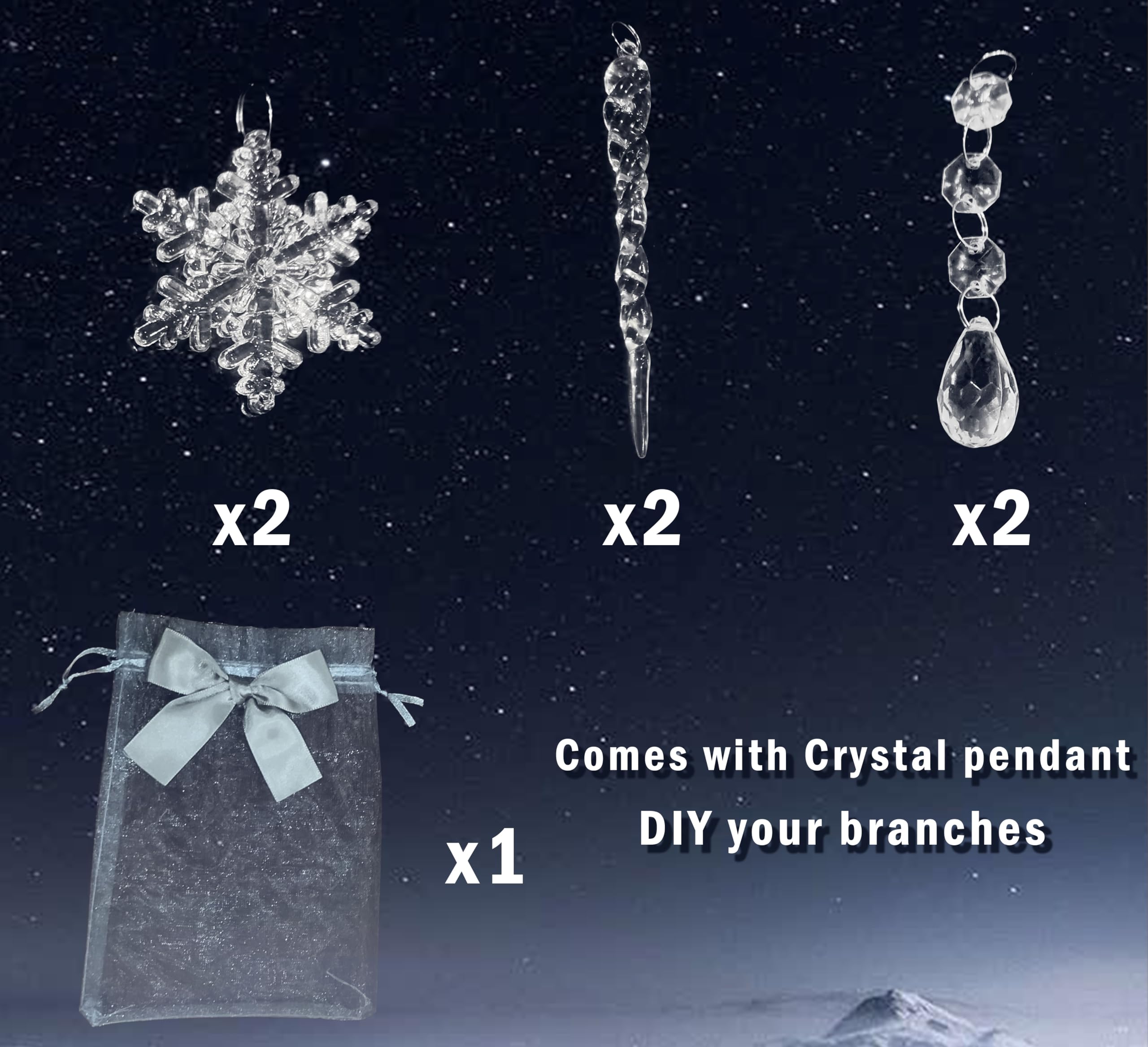 Fudios crystal pendant on twig emphasizing added elegance and shimmer benefit