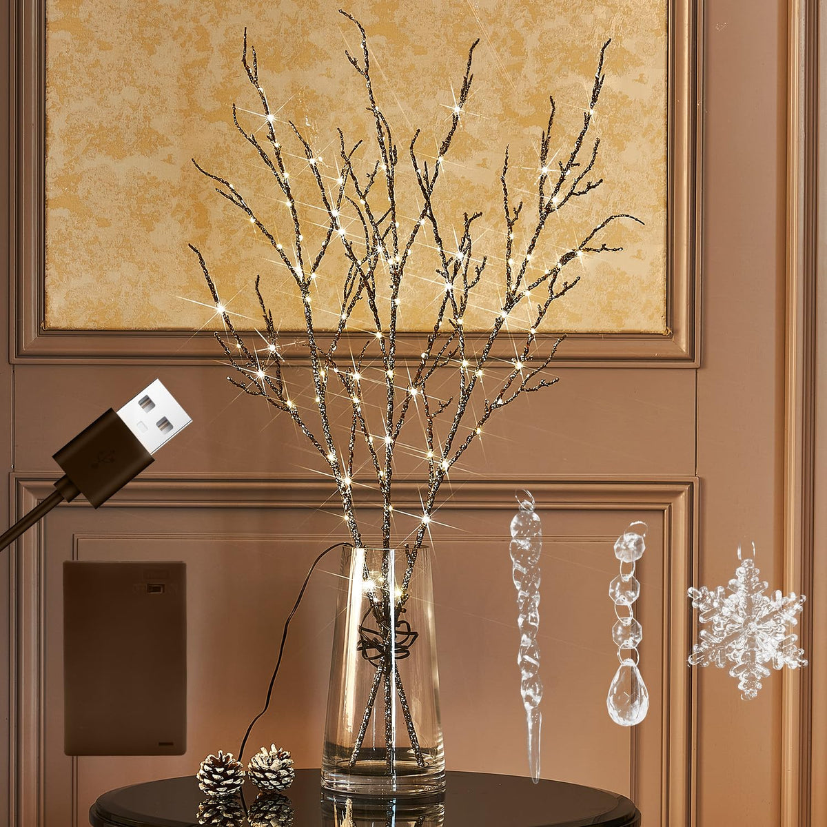 Fudios front view of bundled willow branches showing full product and glittered finish benefit