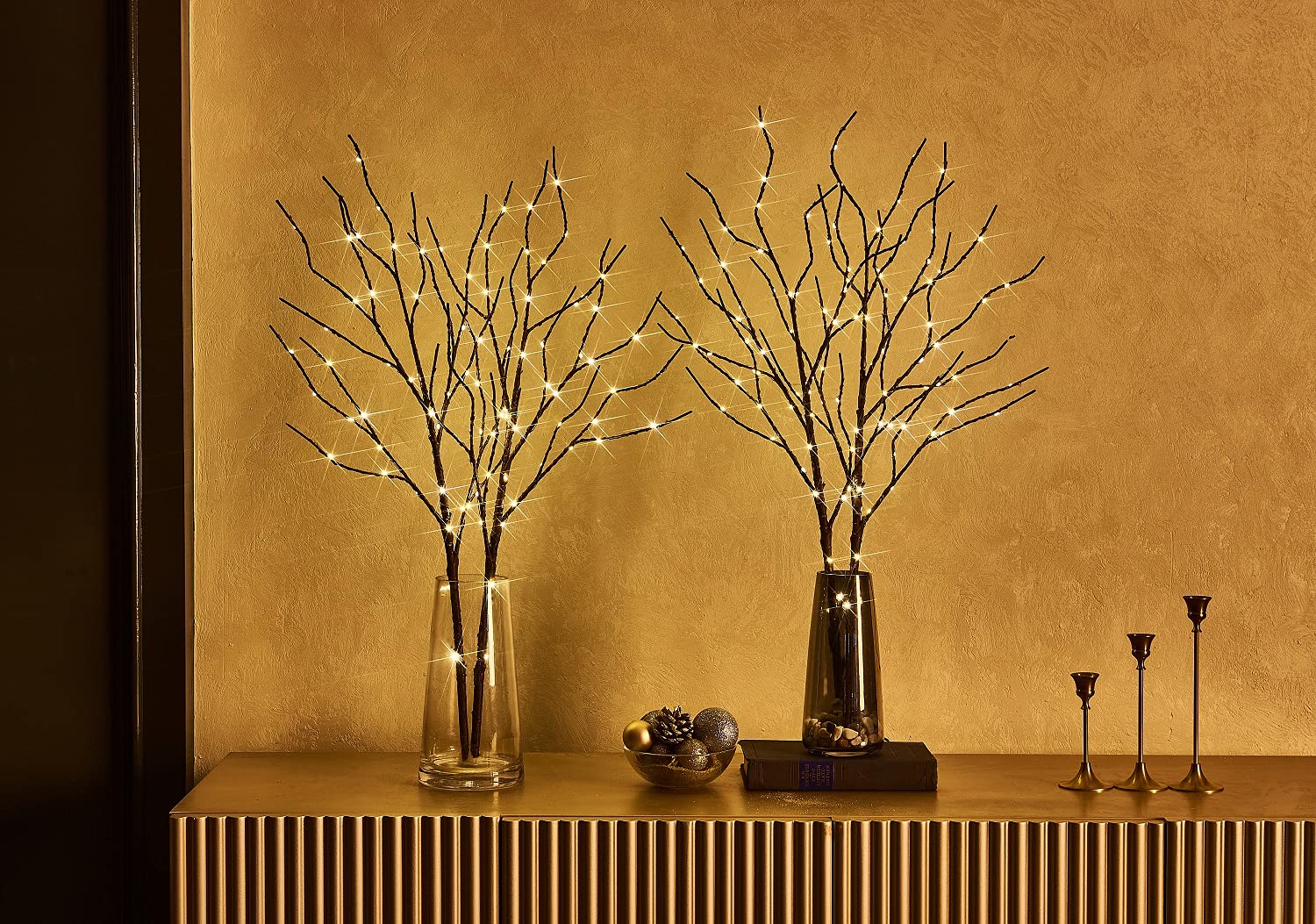 Fudios full twig arrangement on dining table showing even illumination and mood setting benefit