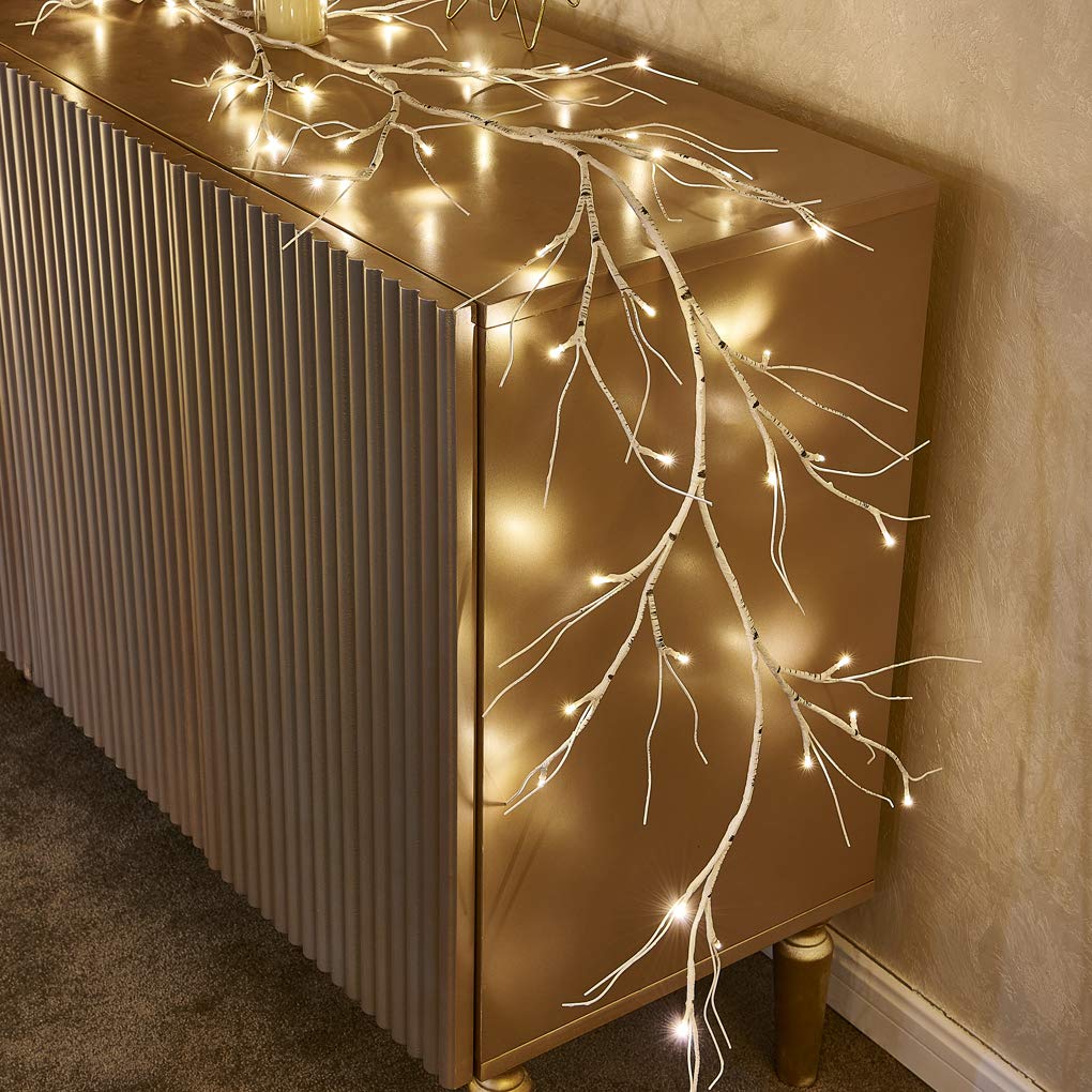 Fudios front view of full 6ft birch garland showing warm white lights and shape benefits