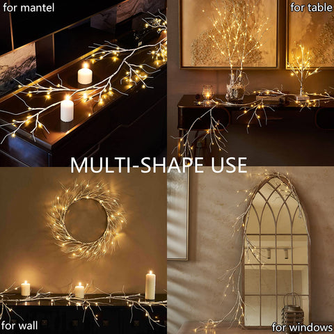 Fudios garland draped on fireplace mantle adding cozy ambient lighting to room