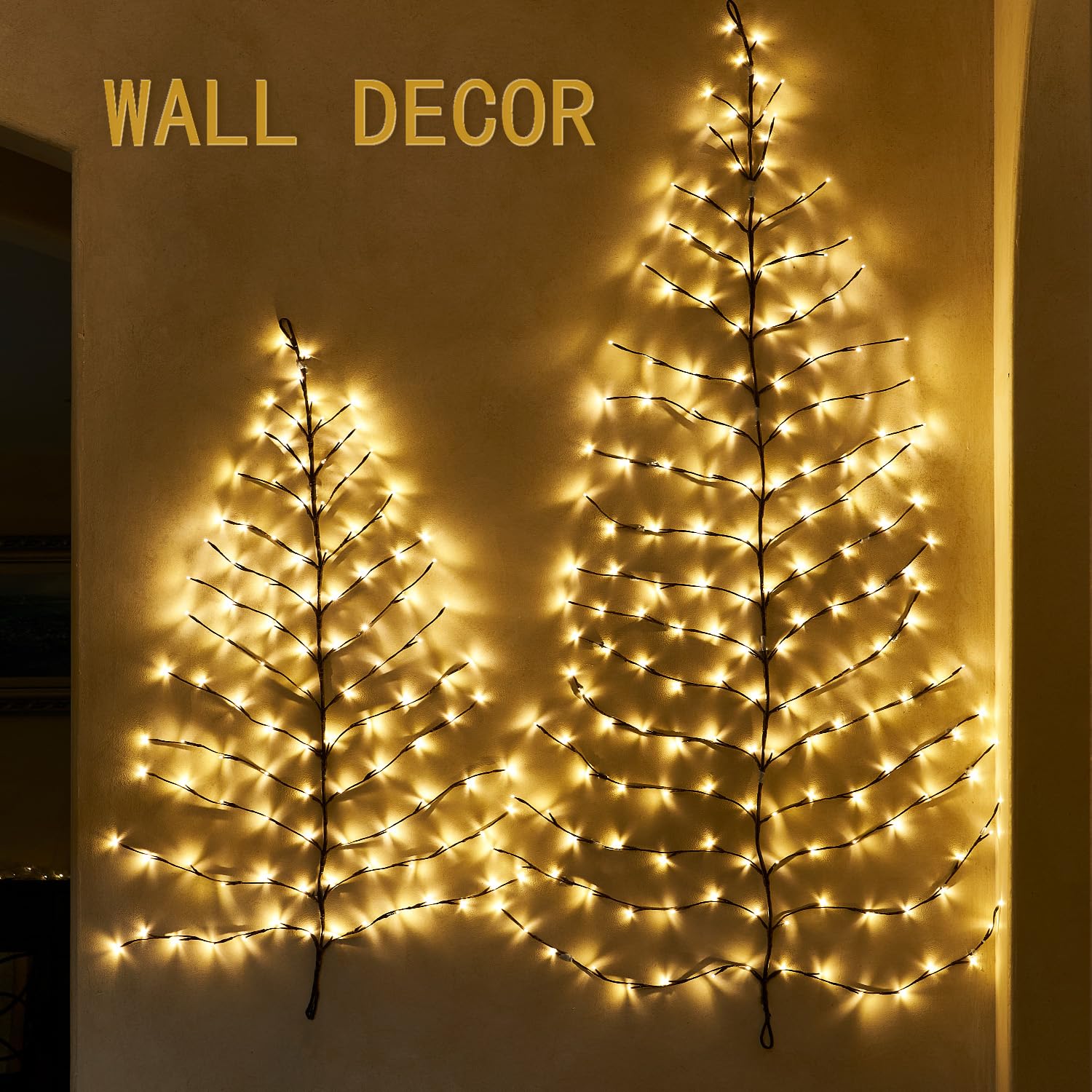 Fudios lit wall tree in living room creating cozy ambient holiday lighting