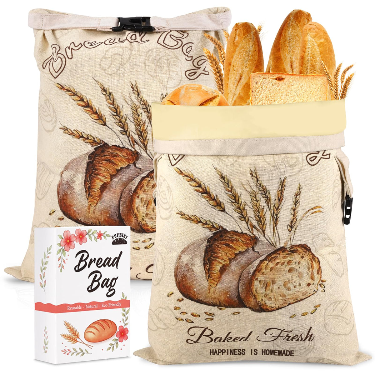 fufeisi front packaging showing two beeswax bread bags, reusable and gift-ready