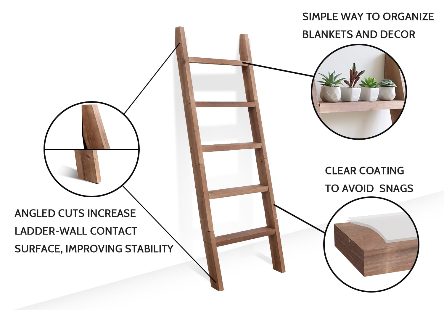 FUIN ladder in living room holding throws, offers accessible storage and cozy styling