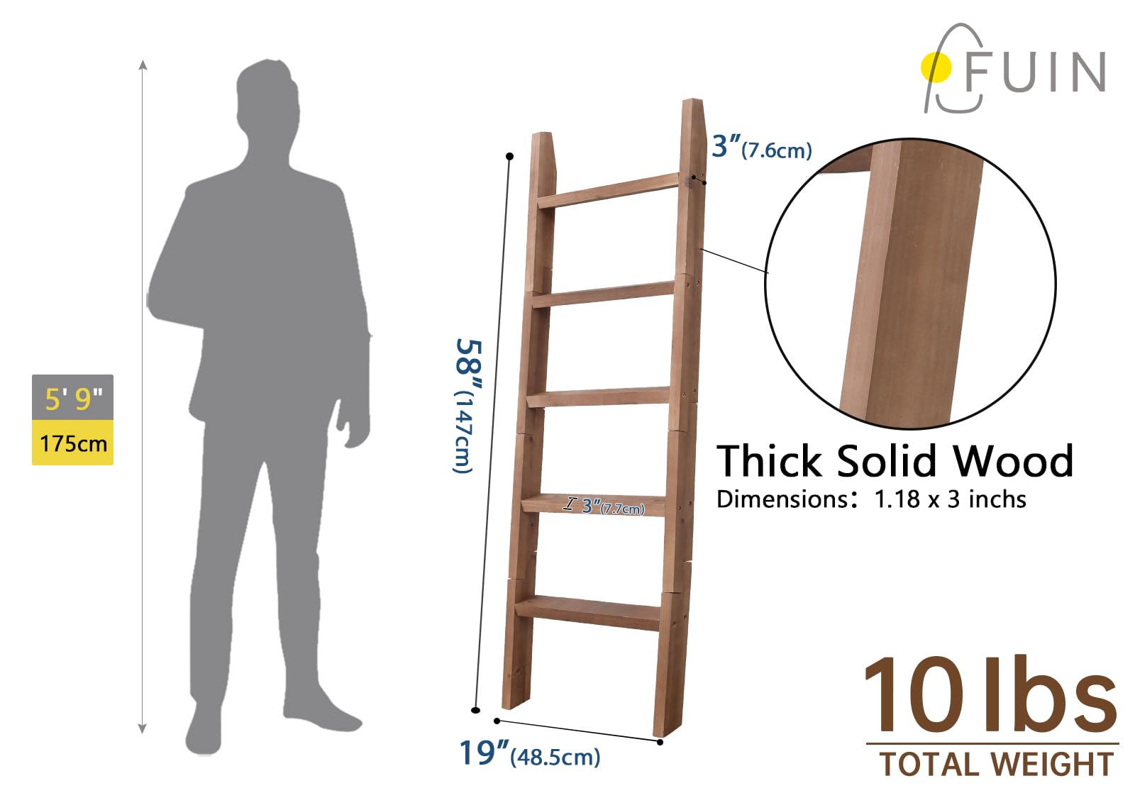 FUIN ladder beside sofa to show height and scale, helps visualize fit in home