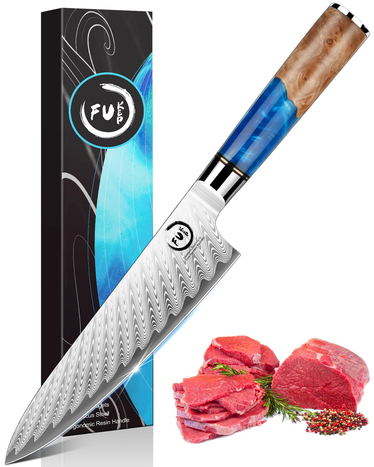Fukep chef knife front view showing balance and visual appeal