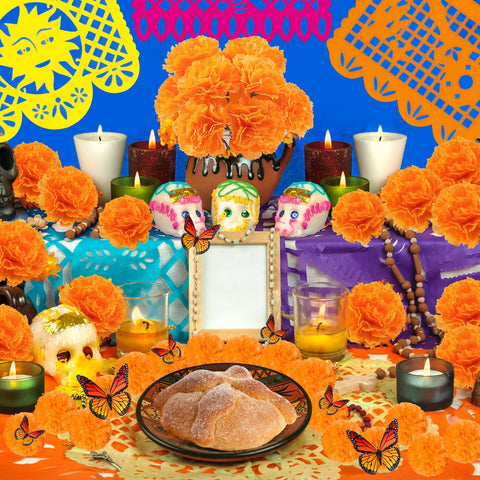 fulasiteu marigold garland draped on a mantel adding festive color