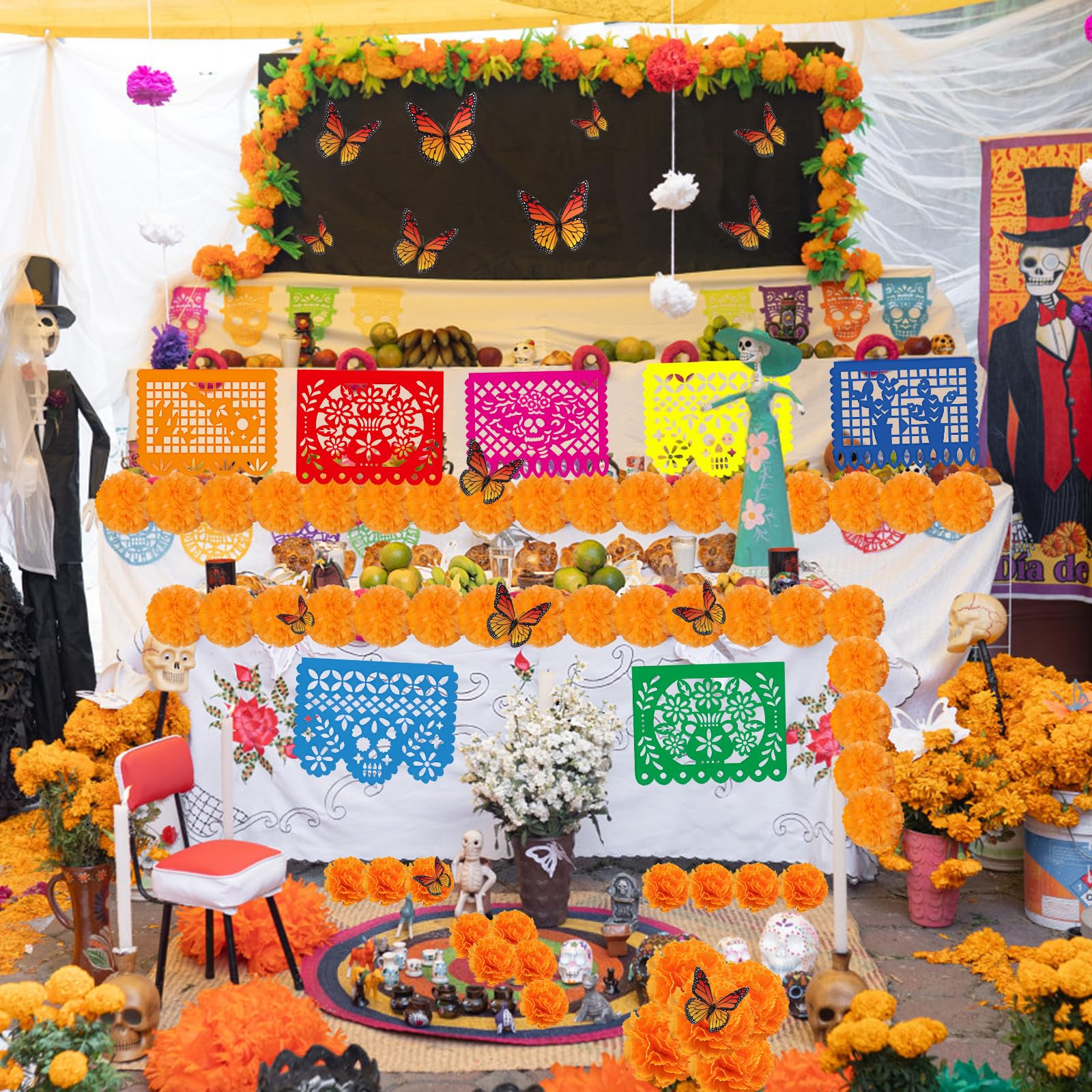 fulasiteu styled altar with banners, garlands and flowers creating lively display