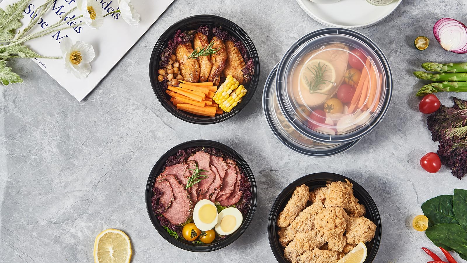 FULING meal prep scene with filled bowls showcasing grab-and-go convenience