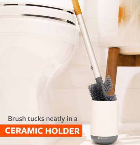 Full Circle brush in use scrubbing under rim for more thorough cleaning