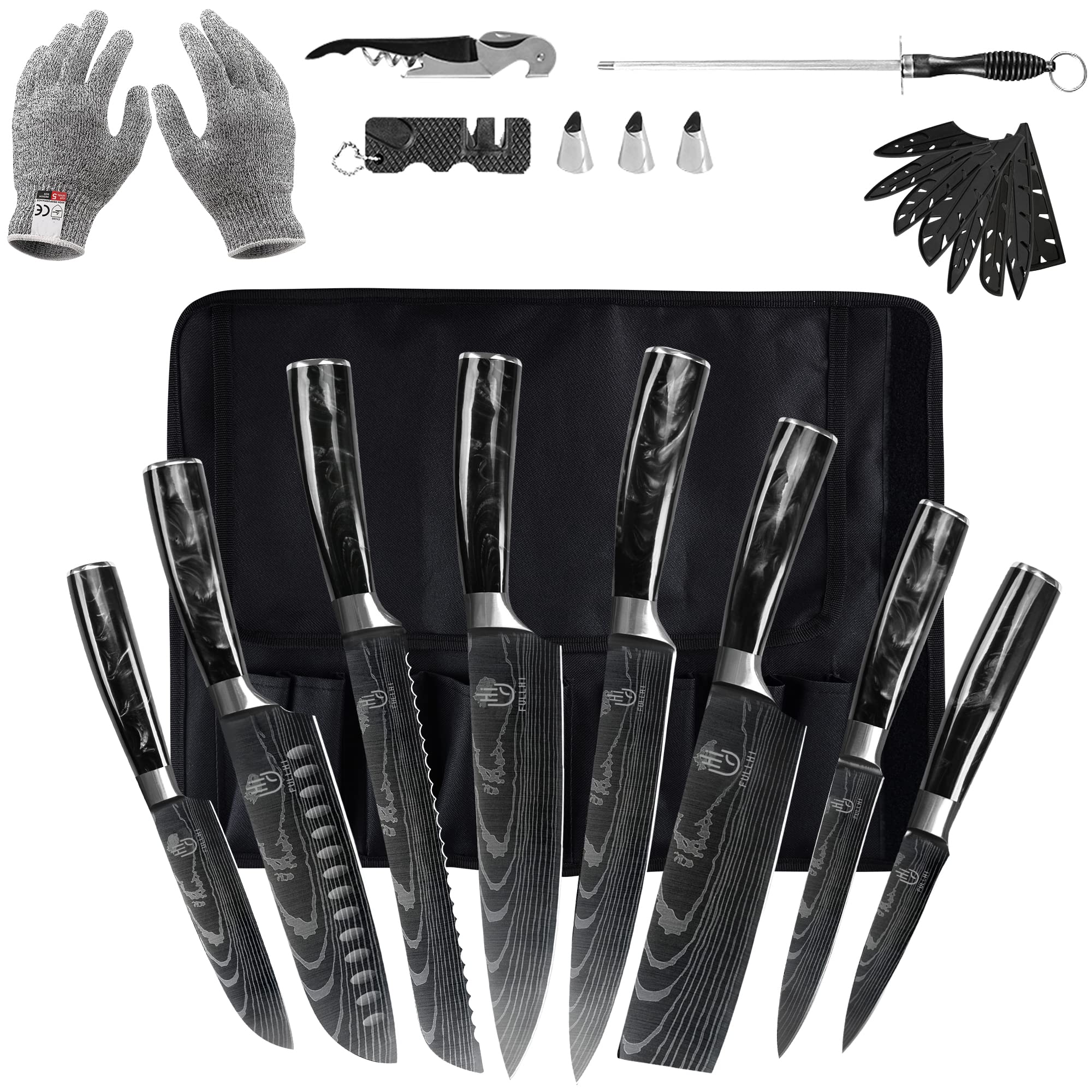 FULLHI knives set in walnut block showing organized storage and quick access benefit