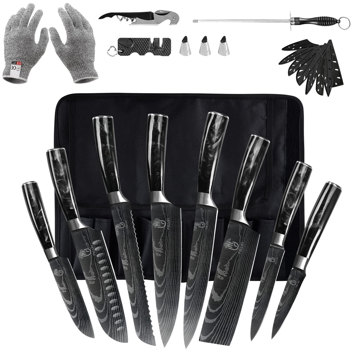 FULLHI knives set in walnut block showing organized storage and quick access benefit