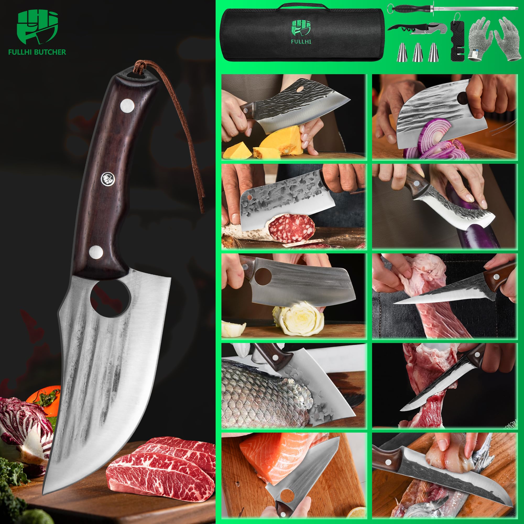 FULLHI wooden handle and full tang detail offering secure grip and balance