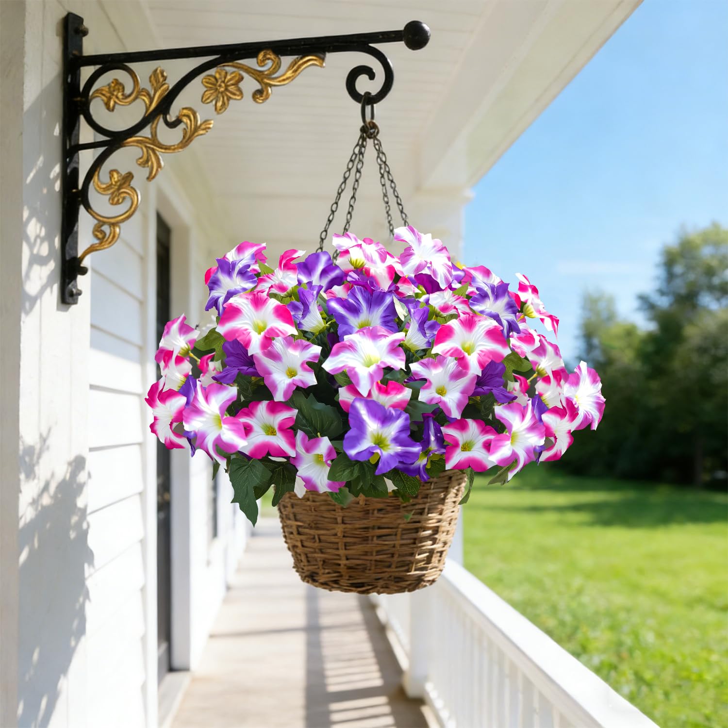 FULLMUSIC faux morning glories arranged in a hanging basket demonstrating decorative versatility for entrances