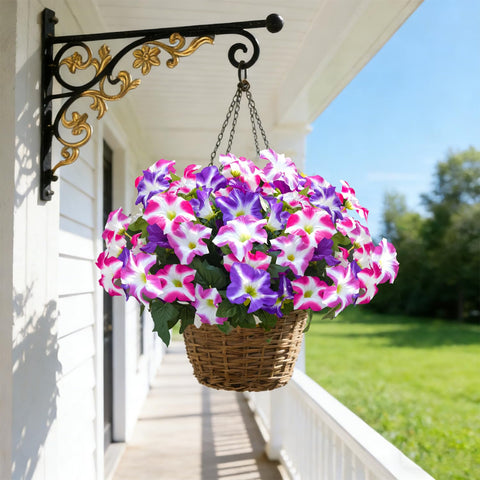 FULLMUSIC faux morning glories arranged in a hanging basket demonstrating decorative versatility for entrances