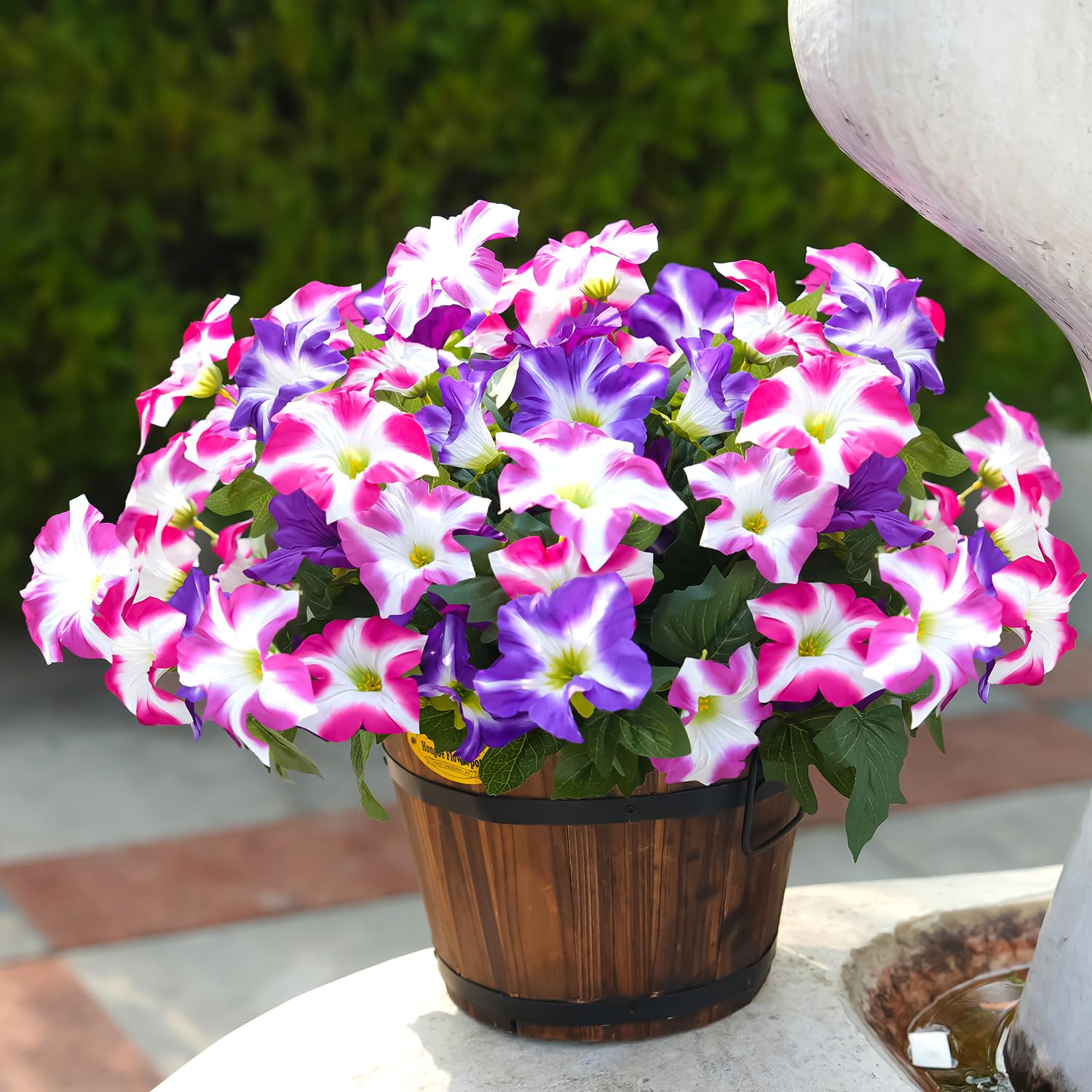 FULLMUSIC artificial morning glories arranged in a porch planter adding year-round color and low-maintenance charm