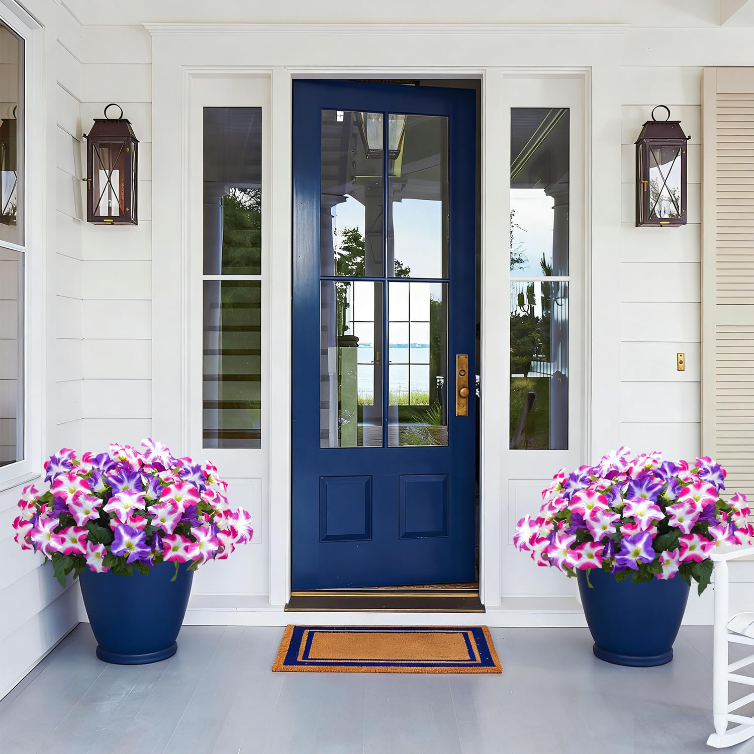 FULLMUSIC seasonal front-door display with faux morning glories creating vibrant look without watering