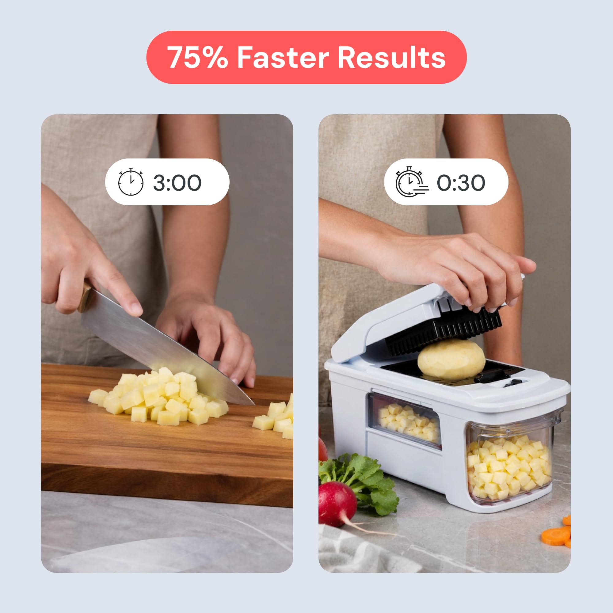 fullstar in use slicing potatoes to speed up meal preparation