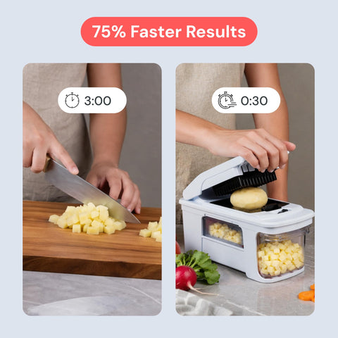 fullstar in use slicing potatoes to speed up meal preparation