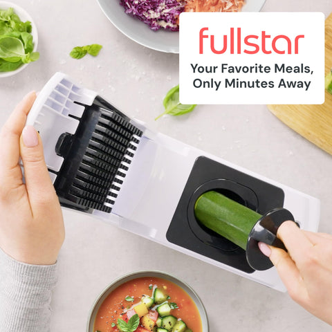 fullstar lifestyle shot on kitchen counter with salad, everyday meal prep benefit