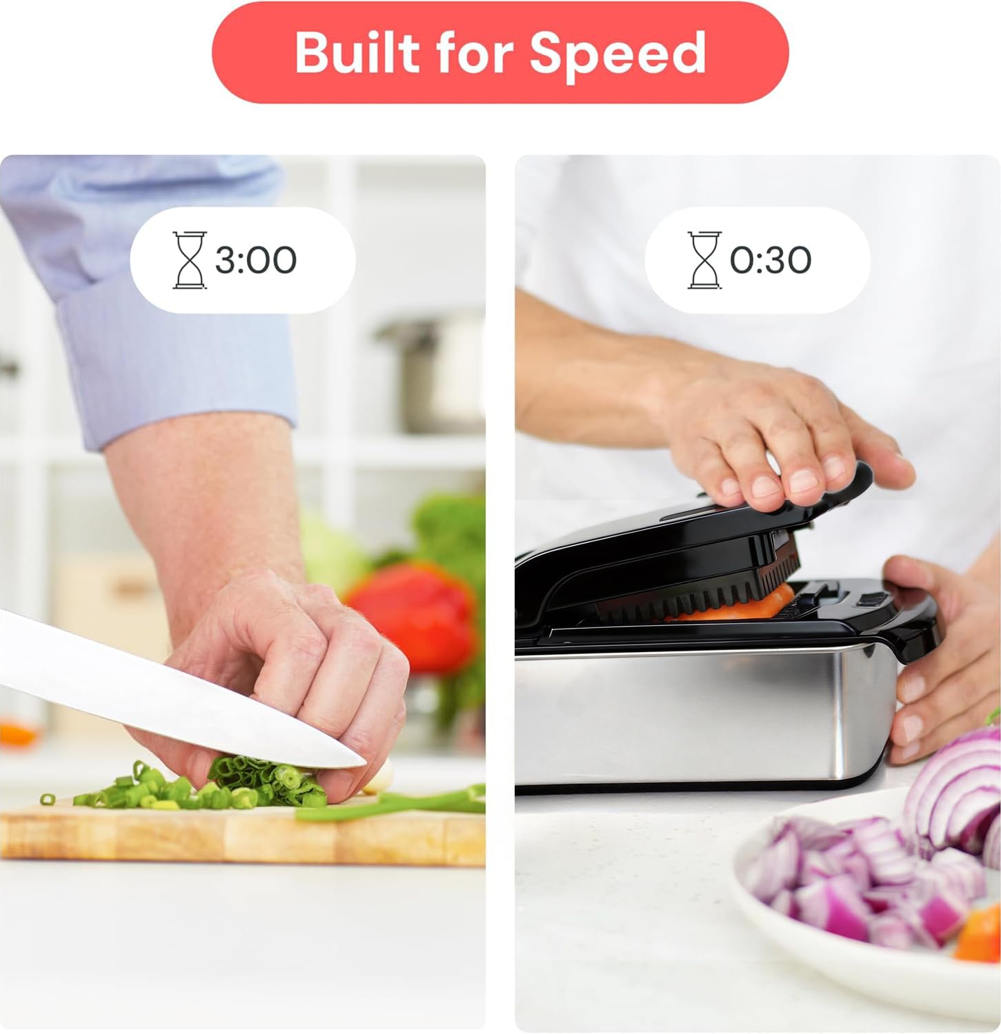 Fullstar chopping an onion to speed up meal prep benefit