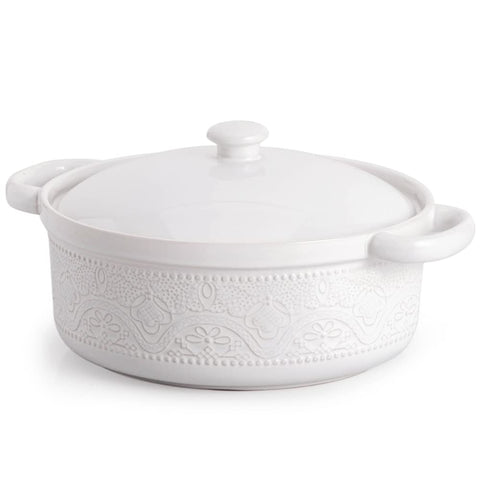 FUN ELEMENTS casserole front view showing bright white finish and handles for easy serving