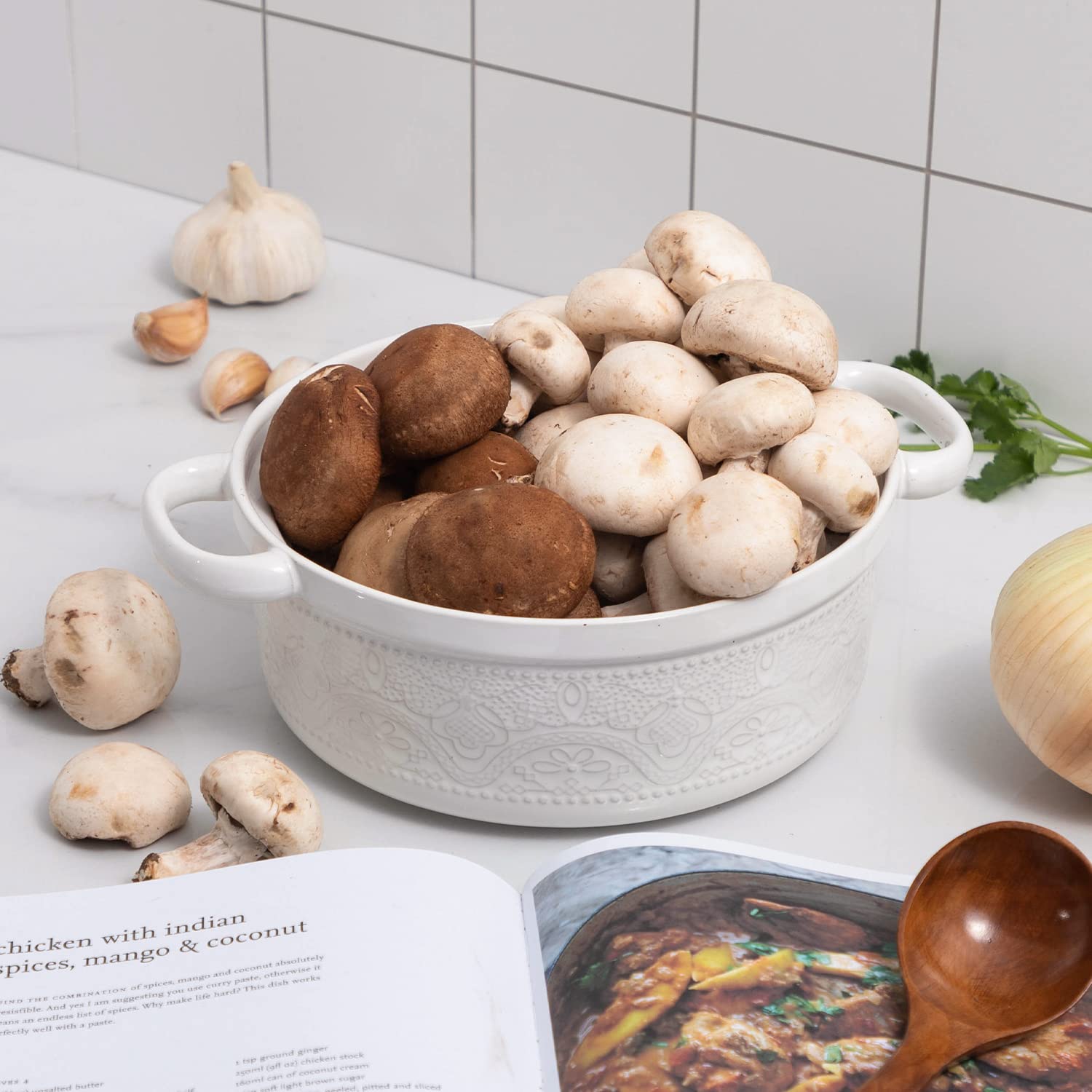 FUN ELEMENTS casserole inside oven demonstrating oven-safe ceramic heating evenly